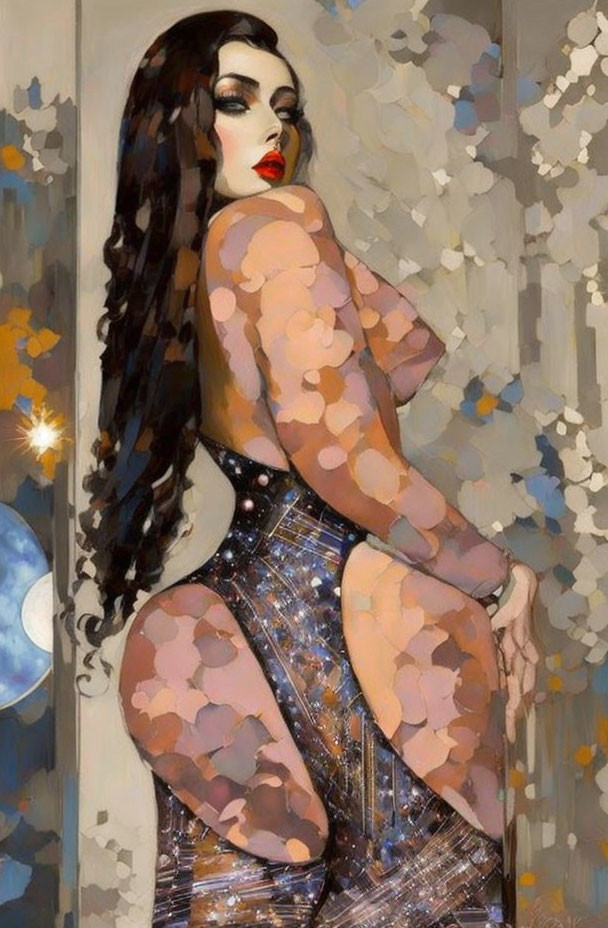 Stylized painting of woman with semi-transparent collage dress