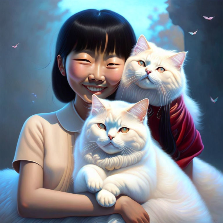 Smiling girl with two white fluffy cats and butterflies in soft-lit setting