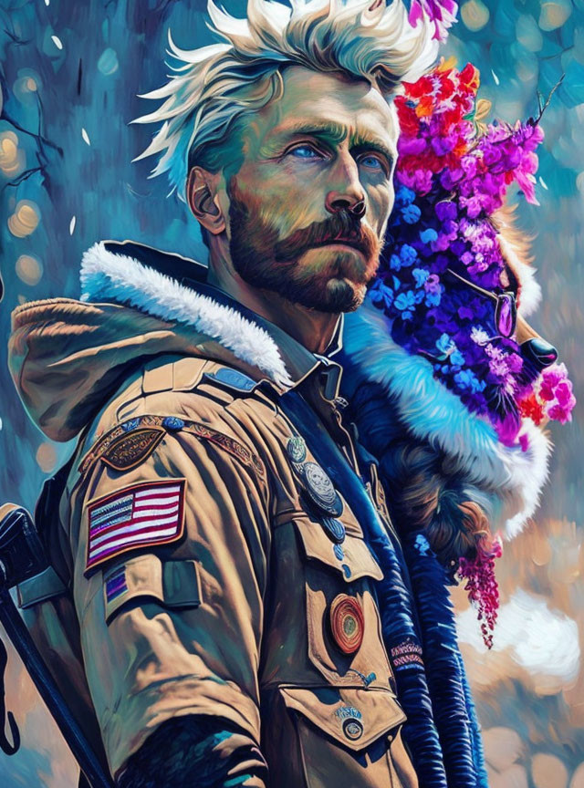 Portrait of a man with blue eyes, blonde hair, military jacket, badges, oxygen mask, vibrant