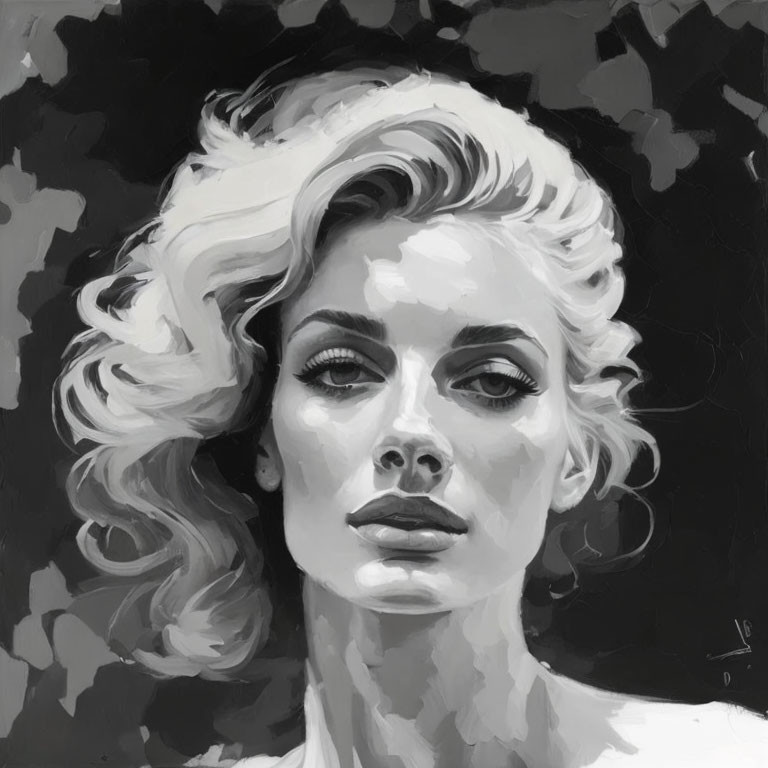 Monochromatic portrait of a woman with wavy hair and classic features