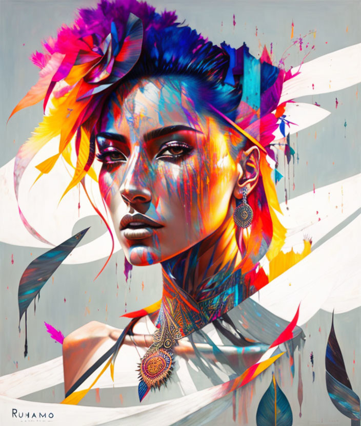 Colorful portrait of a woman with feathers and paint splashes