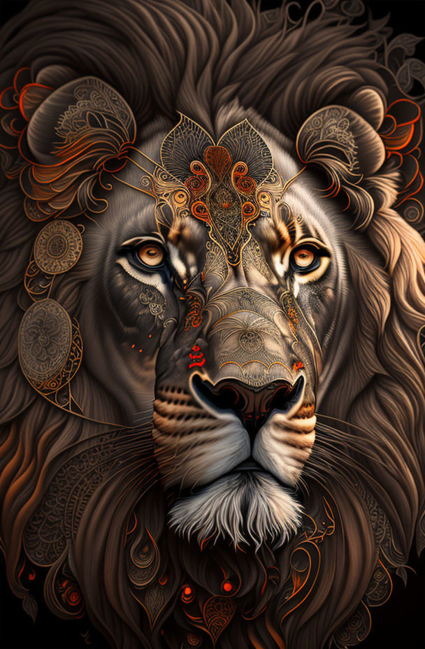 Detailed Lion Artwork in Orange, Gold, and Black