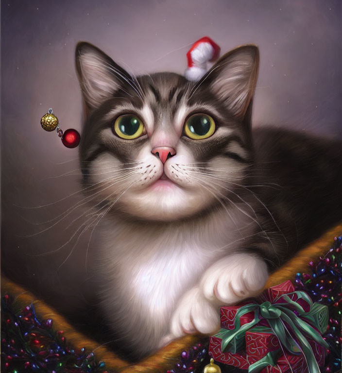 Festive cat digital painting with gift and decorations