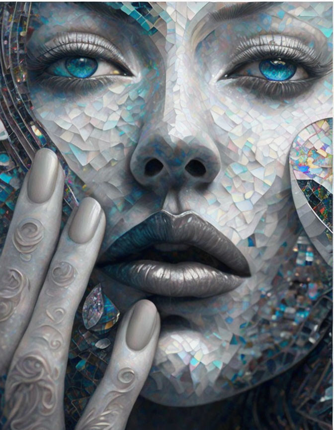 Close-up image of woman's face with blue eyes and mosaic skin, hand with intricate nail art.