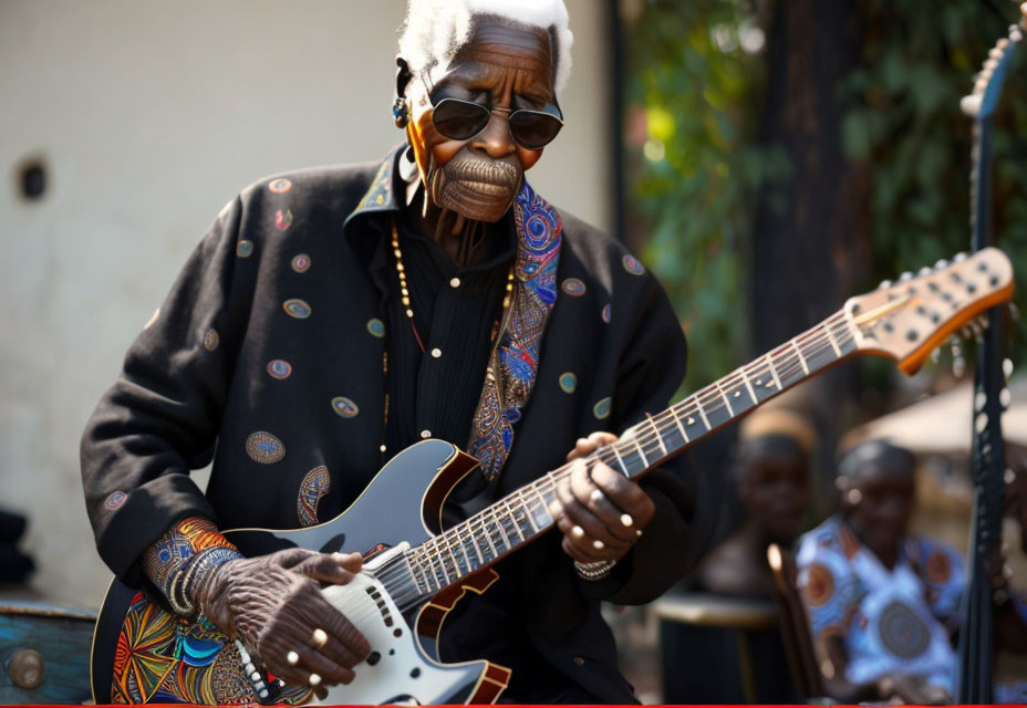 Elderly man with white hair playing electric guitar in patterned shirt