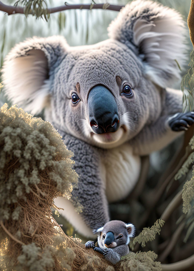 Adult koala and joey in eucalyptus tree habitat