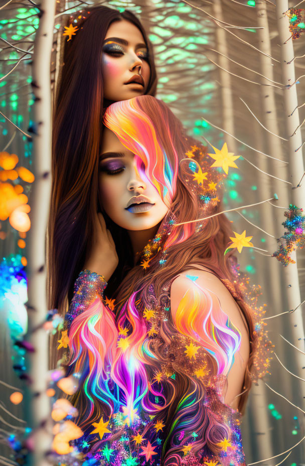 Vibrant multicolored hair and makeup with sparkling stars in dreamy lights