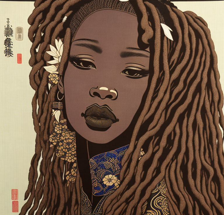 Detailed Dreadlocks Woman Illustration in Blue and Gold Garment