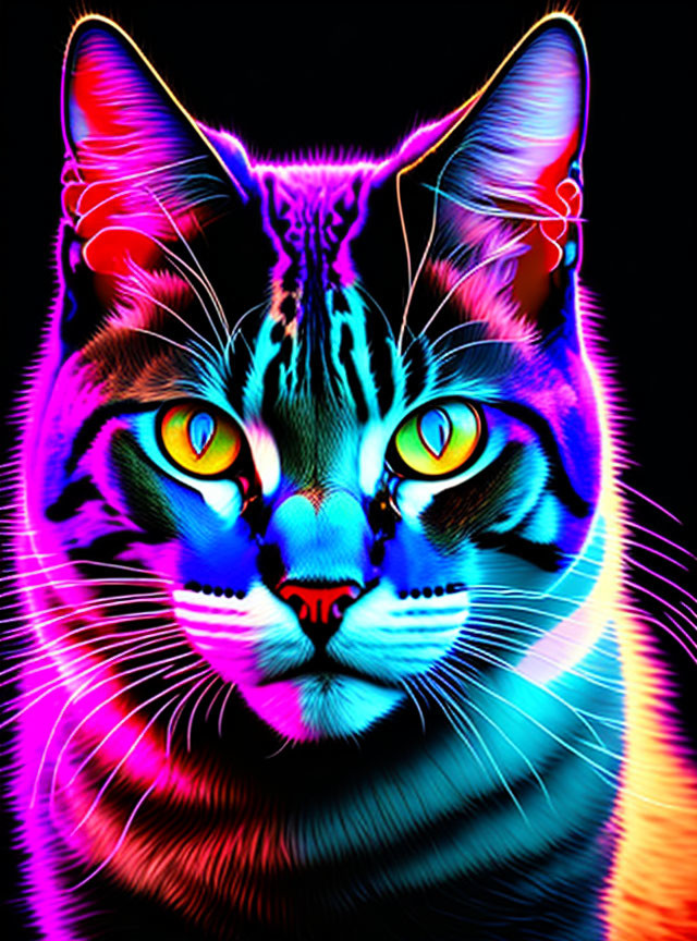 Colorful Close-Up Cat Art with Neon Glow on Dark Background