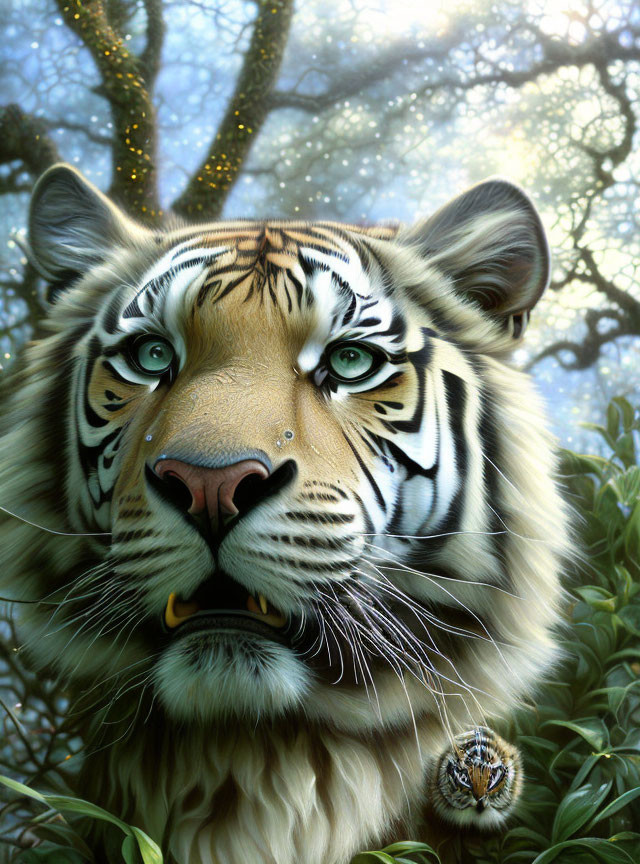 Detailed Tiger Face Illustration in Mystical Forest Setting