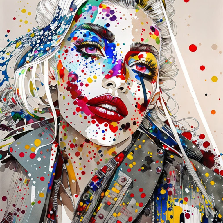 Abstract Portrait of Woman with Splattered Paint and Striking Makeup