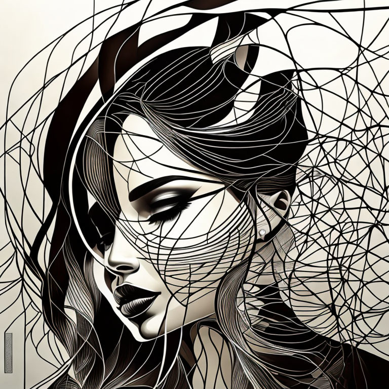 Monochrome side profile illustration of a woman with flowing hair and intricate line patterns