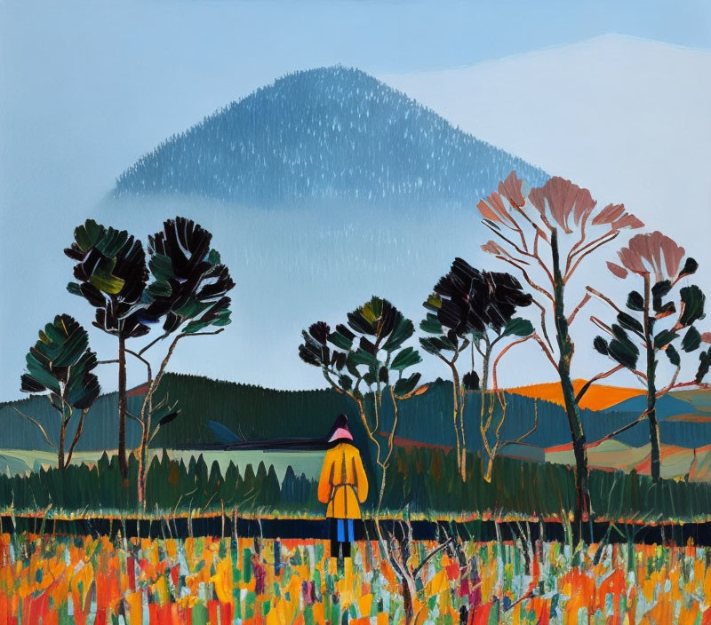 Person in Yellow Jacket Observing Vibrant Landscape with Foliage and Mountain