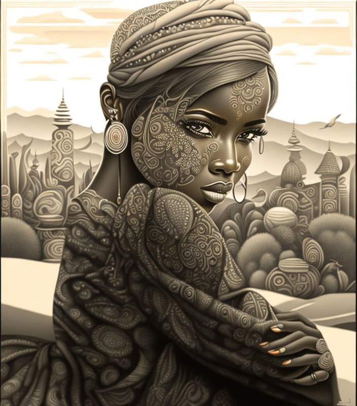 Illustrated portrait of a woman with intricate skin patterns and headwrap, set against a temple-filled landscape