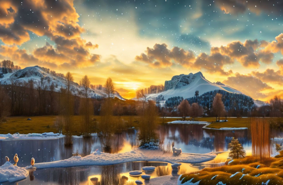 Tranquil winter sunset scene with starlit sky, mirrored mountains, serene lake, and snow-covered