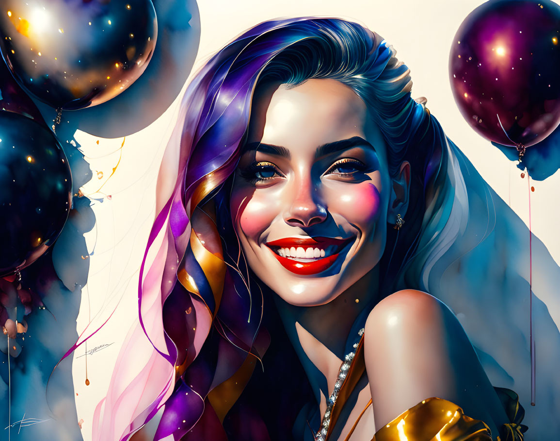 Colorful digital artwork: Smiling woman with vibrant hair and golden attire, dark balloons on light backdrop