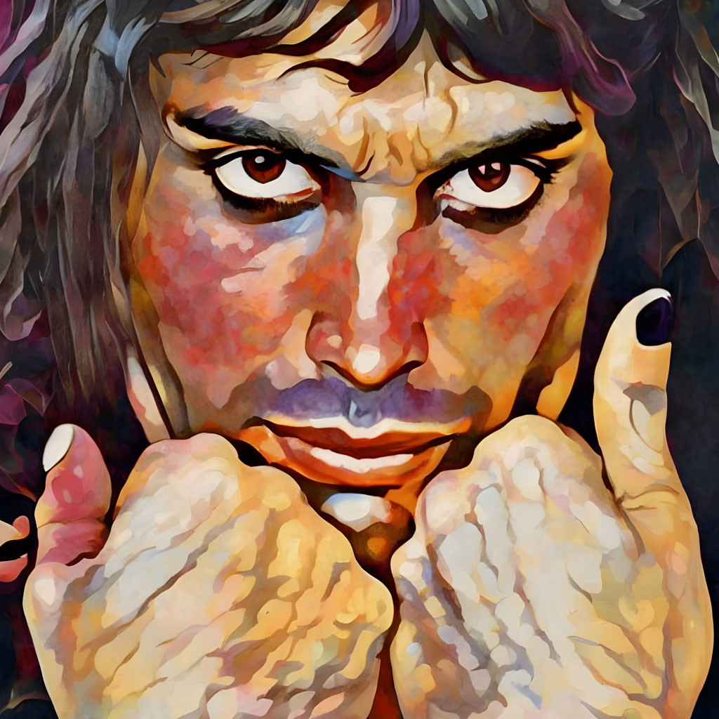 Colorful Stylized Portrait of Person with Intense Eyes and Serious Expression