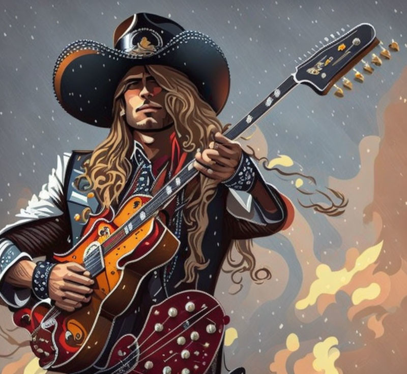 Illustrated person in cowboy hat playing electric guitar under cloudy sky