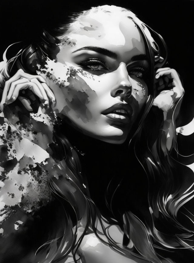 Monochromatic digital artwork: Woman with flowing hair and obscured face, blending into brush strokes.