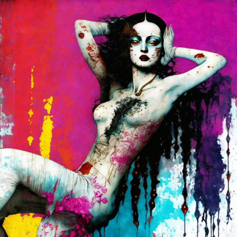 Colorful body paint and tattoos on a person against vibrant backdrop