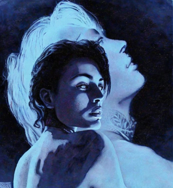 Dual profile faces: one detailed, one glowing outline, on dark blue background