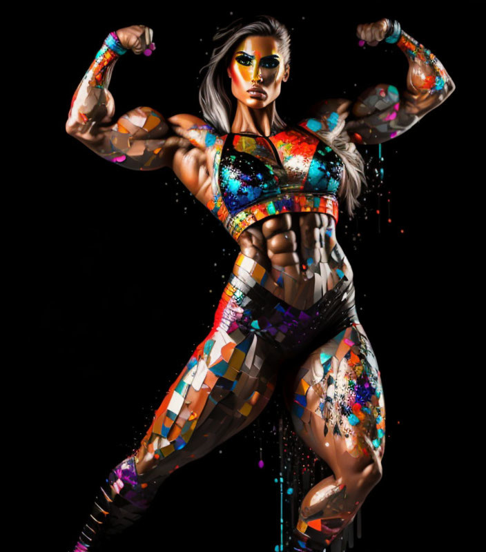 Female bodybuilder with cosmic paint showcasing muscles on black background