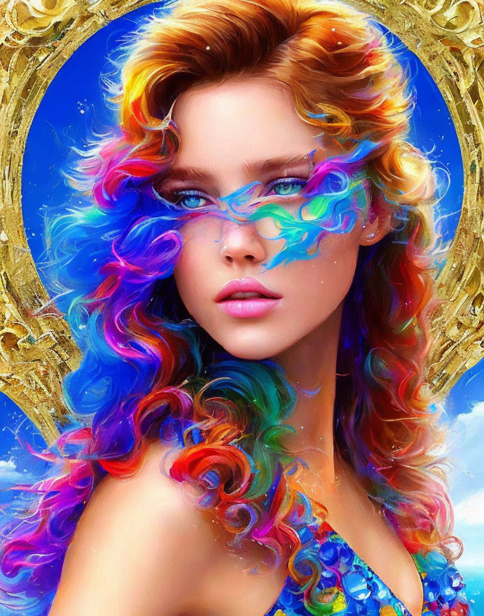 Colorful portrait of a woman with curly hair on golden halo background