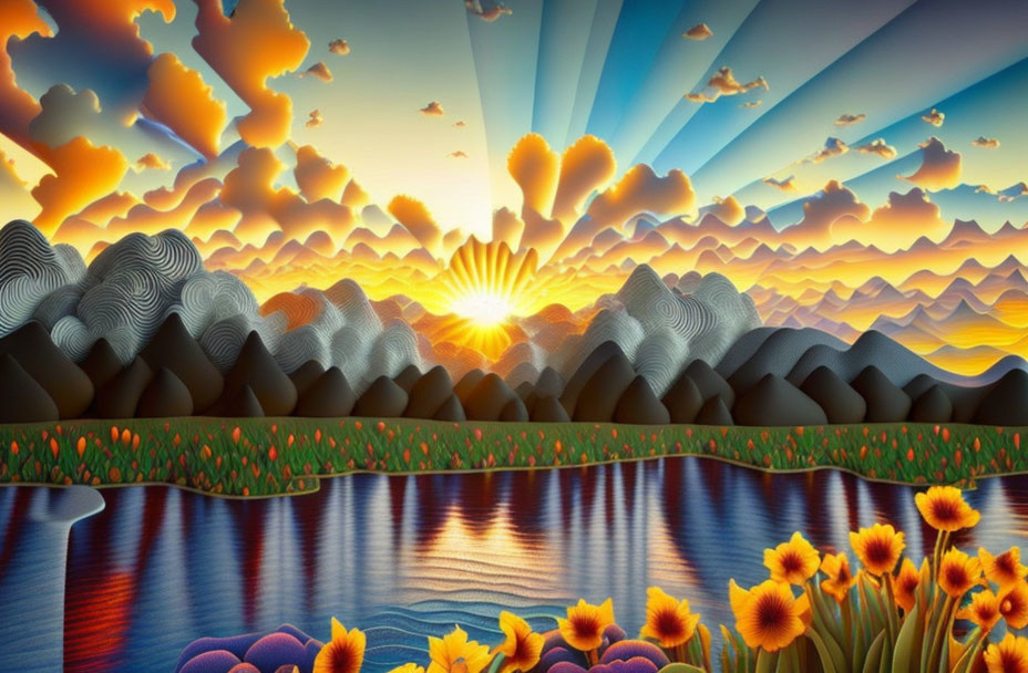 Digital artwork: Sunrise over stylized mountains with floral foreground