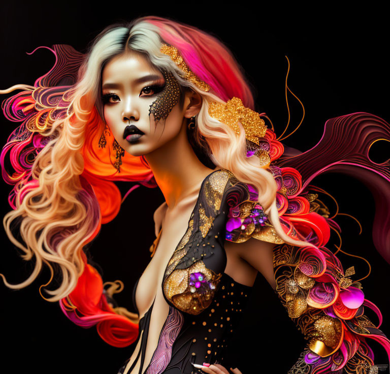 Colorful Hair and Ornate Shoulder Embellishments in Digital Portrait