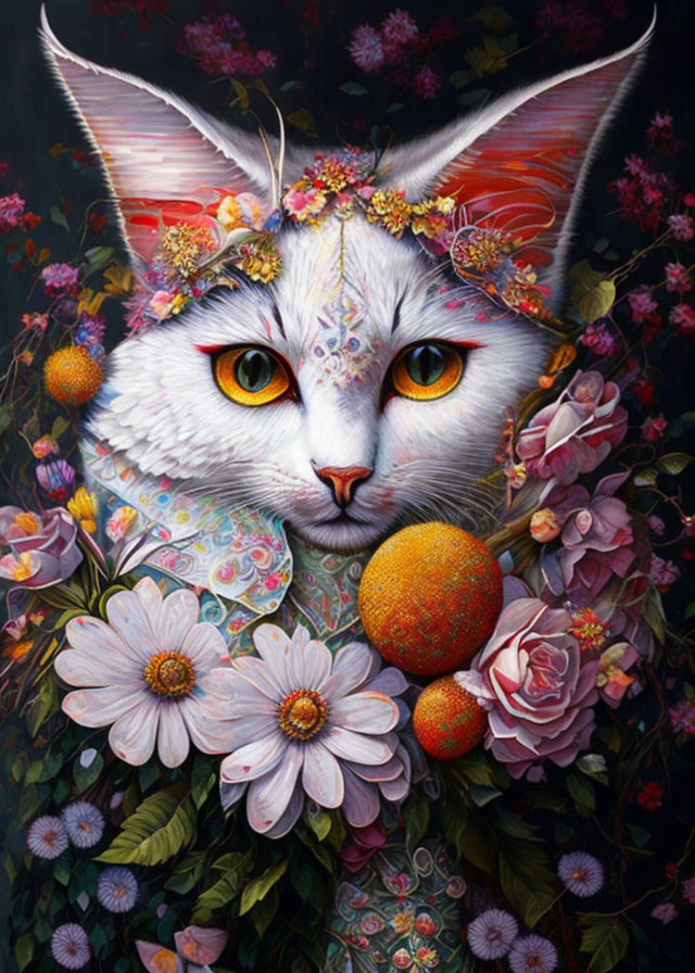 Detailed painting of white cat with orange eyes among flowers and fruits, wearing floral crown.