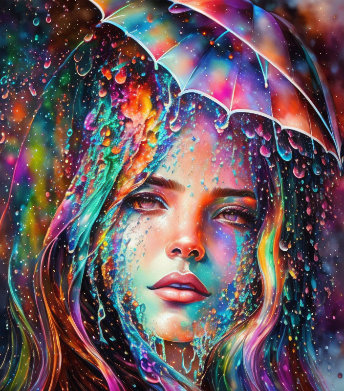 Colorful portrait of woman under cosmic paint effect umbrella