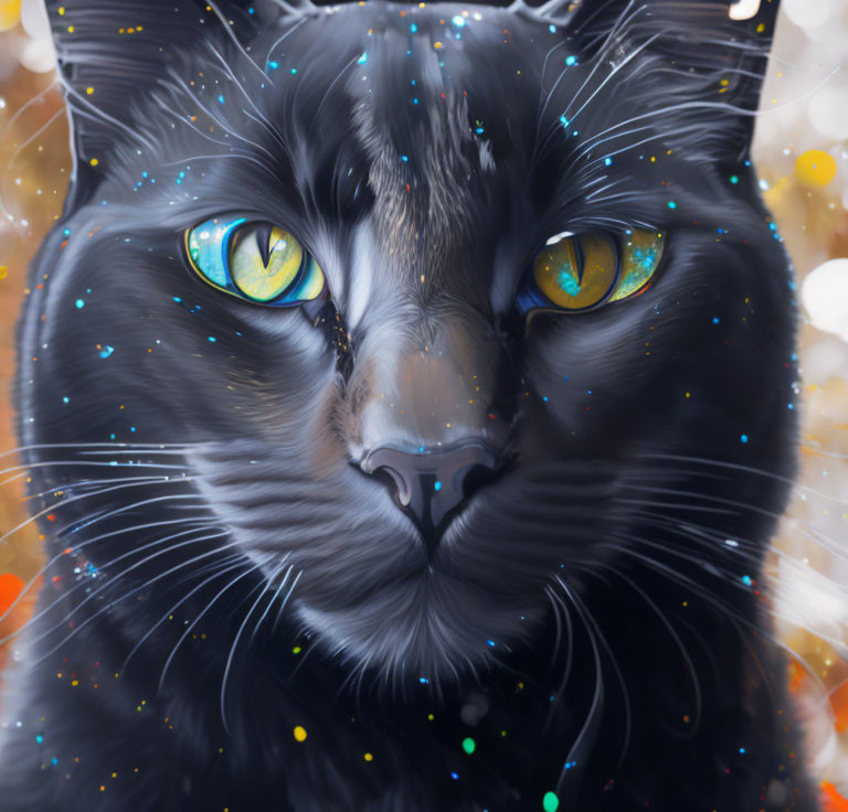 Close-up digital artwork: Black cat with luminous yellow-green eyes in mystical setting.