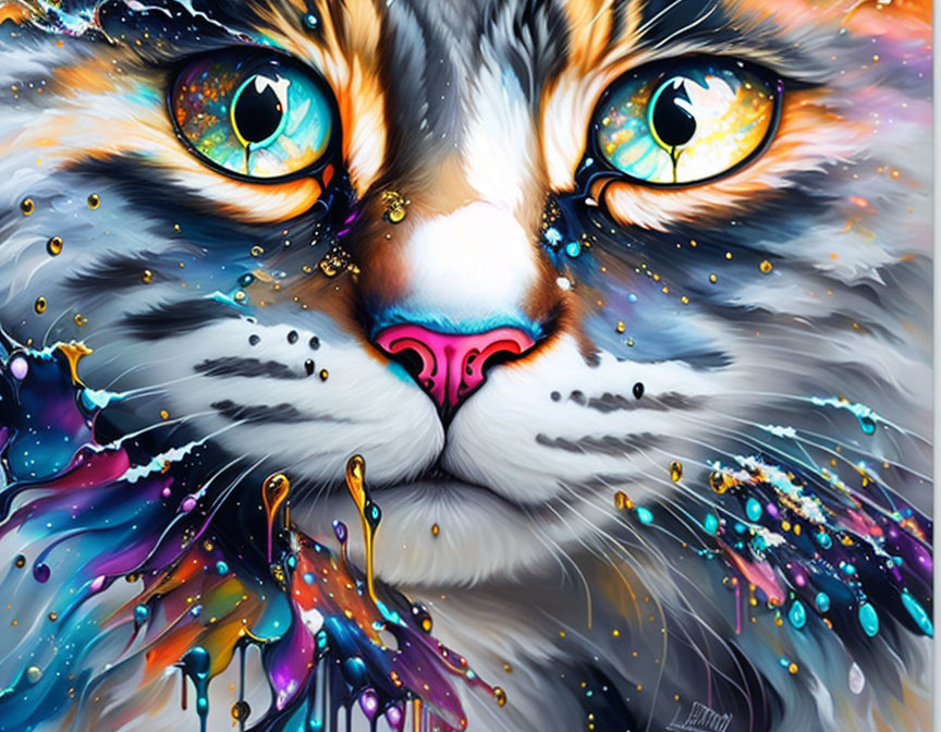 Colorful close-up of fantasy-style cat with expressive blue eyes and whimsical paint splashes