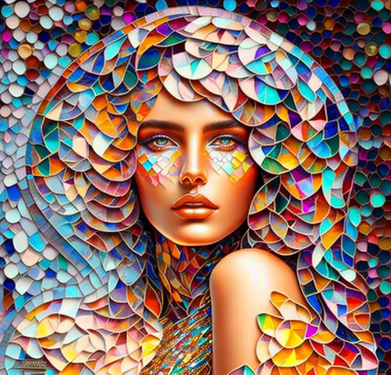 Vibrant digital portrait with mosaic patterns and colorful hues