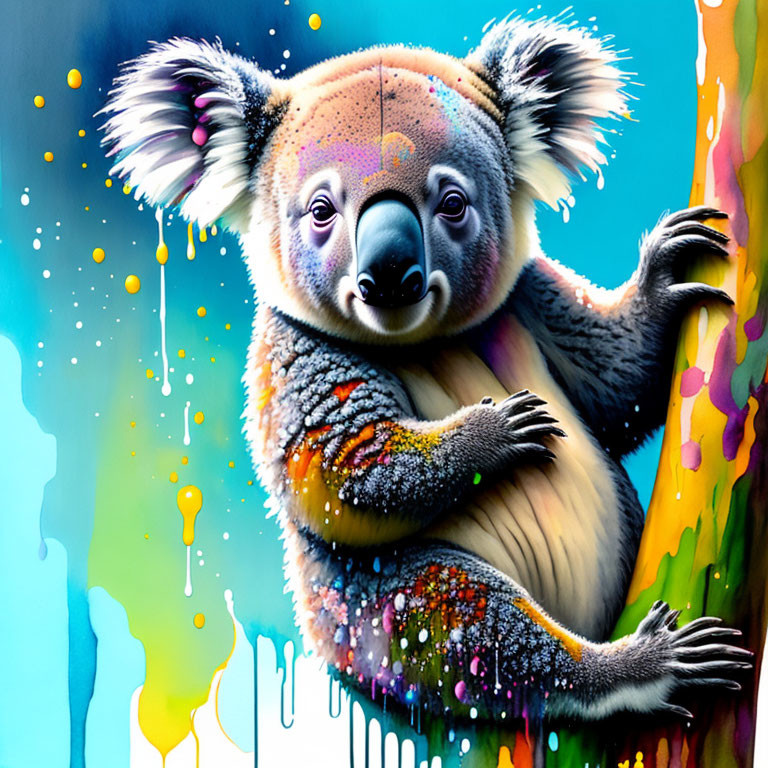 Colorful Koala Illustration with Dripping Paint on Blue Background