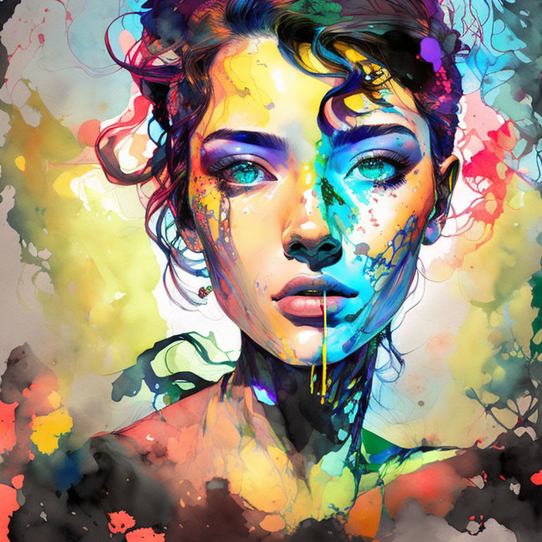 Colorful watercolor abstract portrait of a woman in digital art