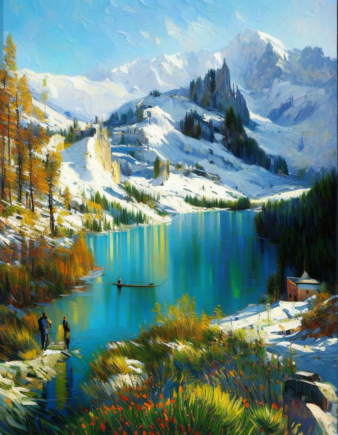 Scenic mountain lake painting with fishers, boat, cabin, and snowy peaks