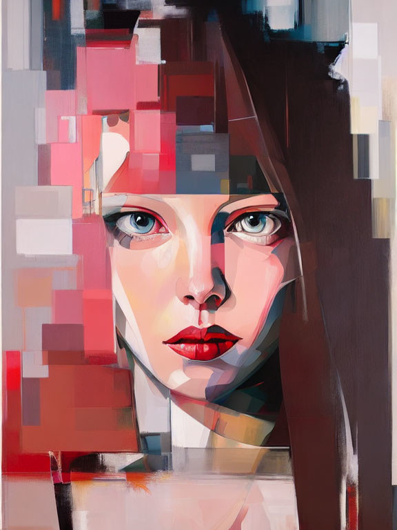 Geometric abstract portrait of a woman with blue eyes and red lips