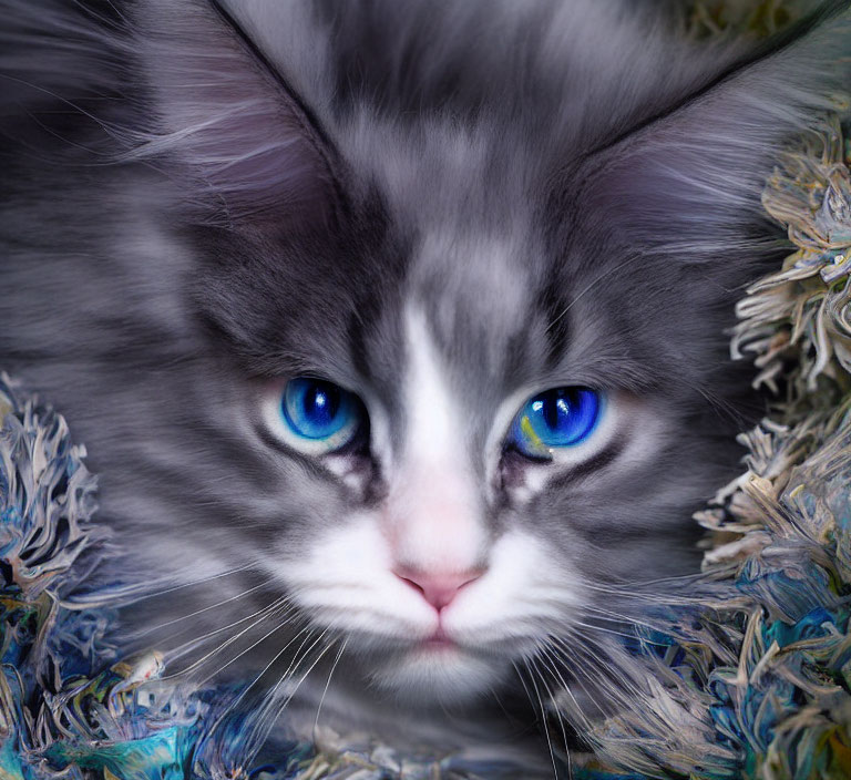 Fluffy Gray and White Cat with Blue Eyes on Textured Fabric