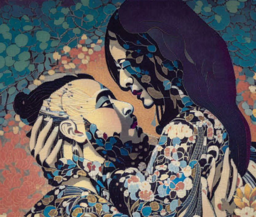 Illustration of tender moment between two individuals in patterned clothing with floral mosaic background