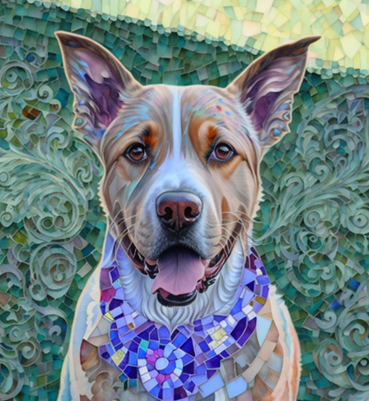 Colorful Stylized Dog Portrait with Patterned Bandana on Mosaic Background