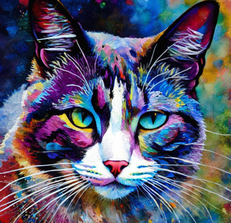 Colorful Cat Face Painting with Bright Blue Eyes