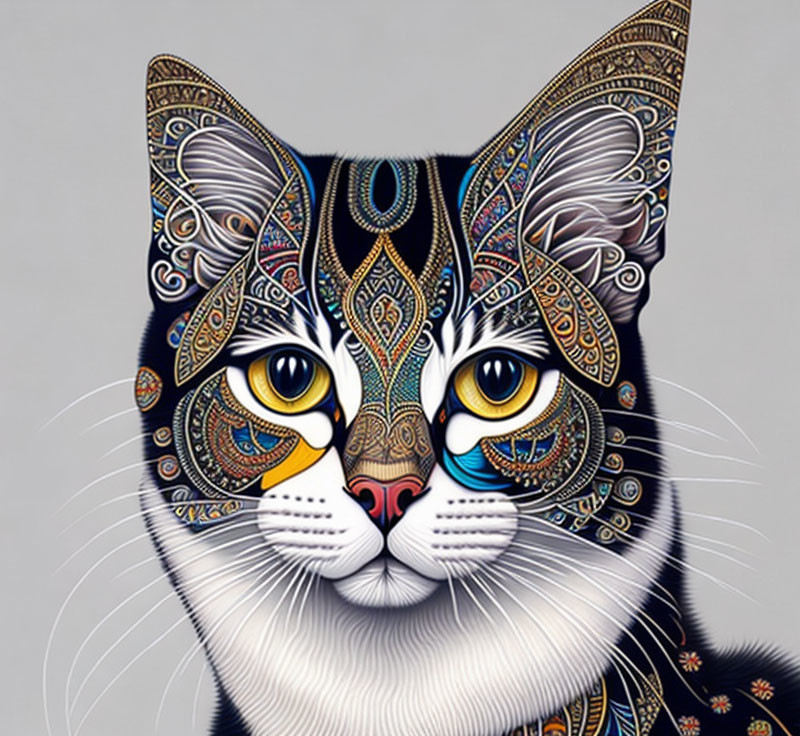 Colorful Cat Illustration with Intricate Patterns on Grey Background