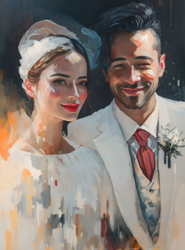 Vivid impressionistic painting of smiling bride and groom