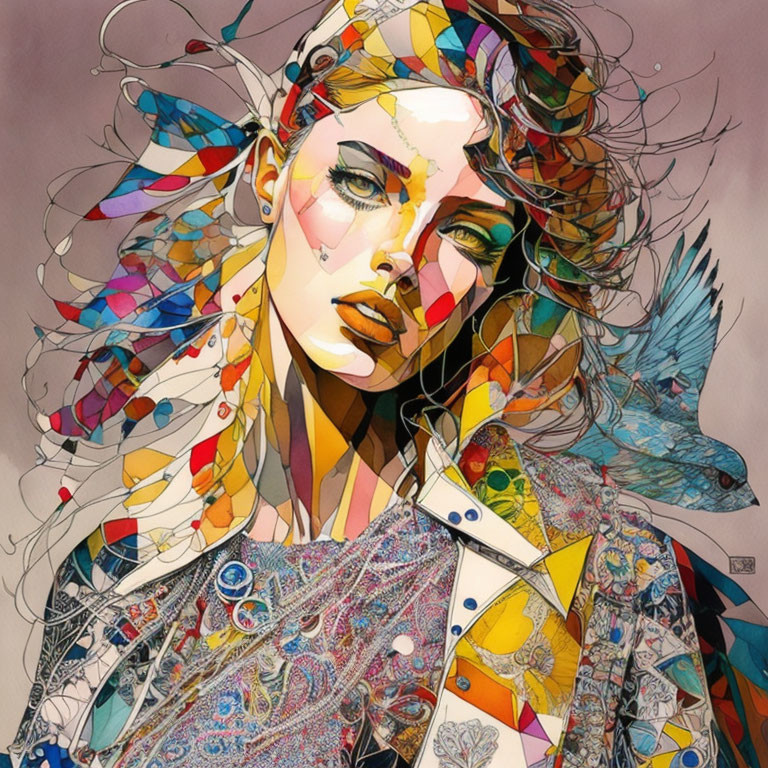 Vibrant abstract portrait of a woman with geometric patterns and bird motifs