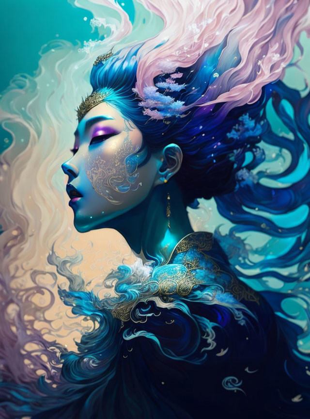 Woman with Flowing Blue Hair in Ornate Clothing and Abstract Water Patterns