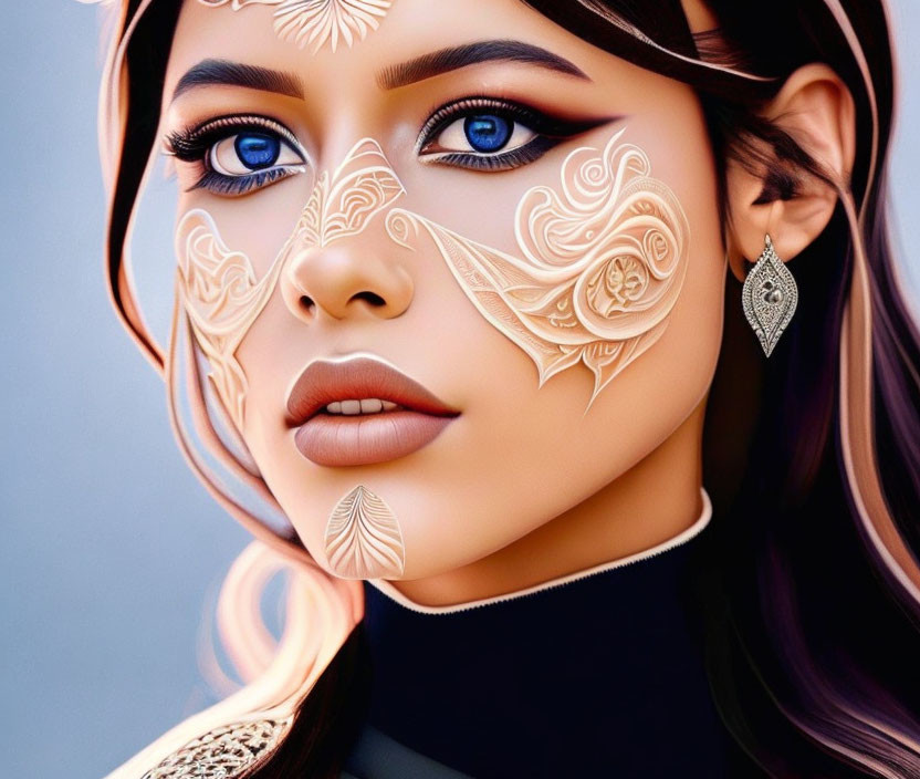 Close-Up Digital Artwork of Woman with Striking Blue Eyes and Ornate White Facial Patterns