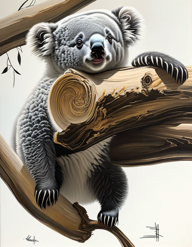 Detailed illustration of a koala with textured grey fur and black nose