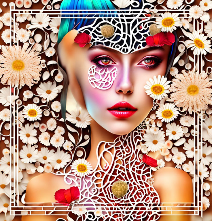 Colorful digital artwork of woman's face with floral and geometric patterns in a floral backdrop.