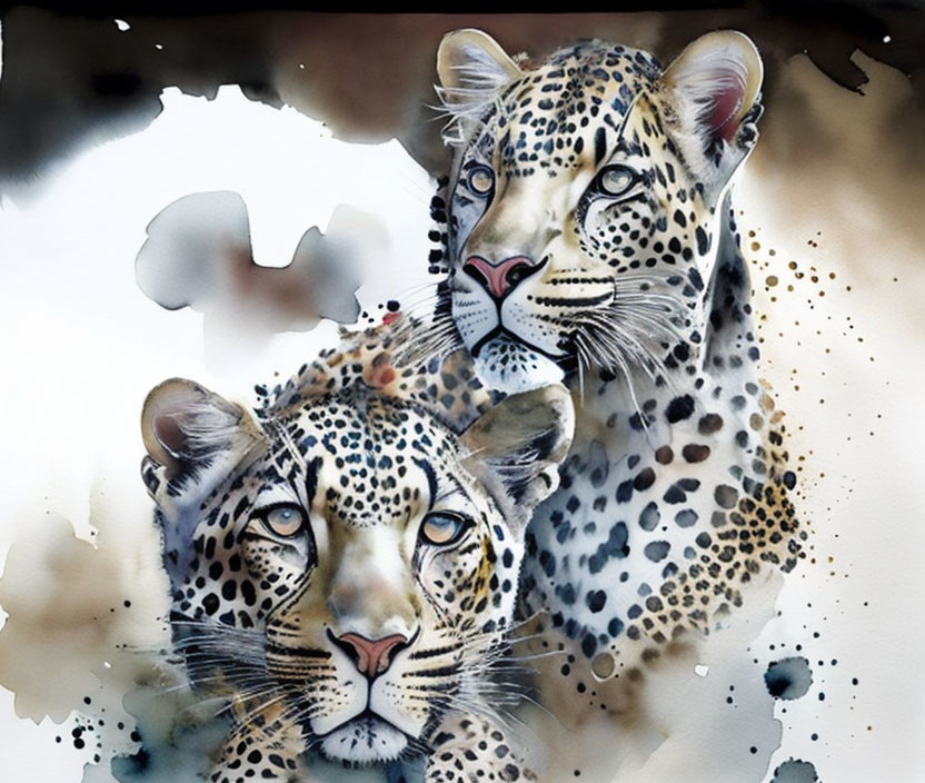 Detailed watercolor style portrayal of two intense leopards.